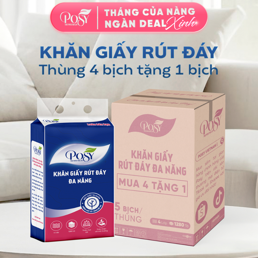 [COMBO ĐA NĂNG] - Mua thùng 4 Bịch Giấy treo tường rút đáy POSY 1280 tờ 4 lớp, siêu rẻ nhận quà tại live