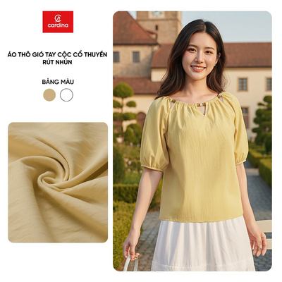 Áo kiểu nữ CARDINA chất liệu thô gió cộc tay cổ thuyền rút nhún 6AKC05
