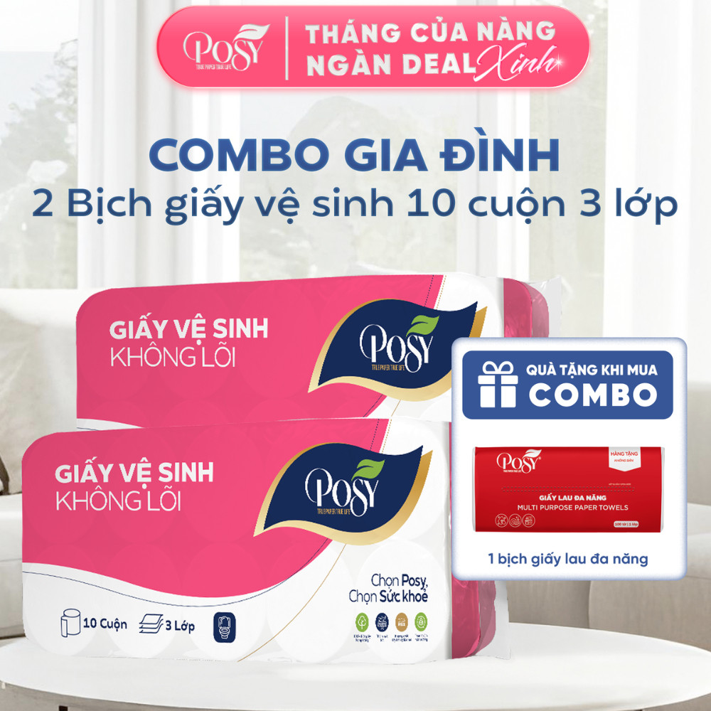 S6.COMBO GIA ĐÌNH -GỒM 2 BỊCH GVS 10 cuộn 3 lớp Posy (1.6kg/bịch) mềm mịn, dịu nhẹ, siêu tiết kiệm cho mọi gia đình Việt