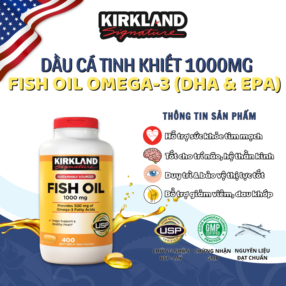 Dầu cá hàm lượng 1000mg Kirkland Signature Fish Oil Omega-3 Tốt Tim, Trí não & Thị lực - 400 viên