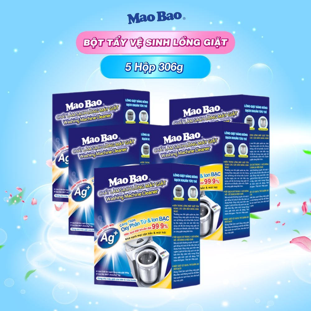 Combo 5 Hộp Bột Vệ Sinh Lồng Máy Giặt Mao Bao 306g/ Hộp, Dùng Cho Máy Cửa Trên Và Cửa Trước