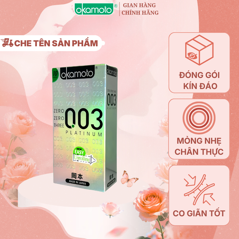 Bao cao su Okamoto 0.03 Platinum Siêu Mỏng Trong Suốt Mềm Mại Size 52mm Hộp 10 Cái