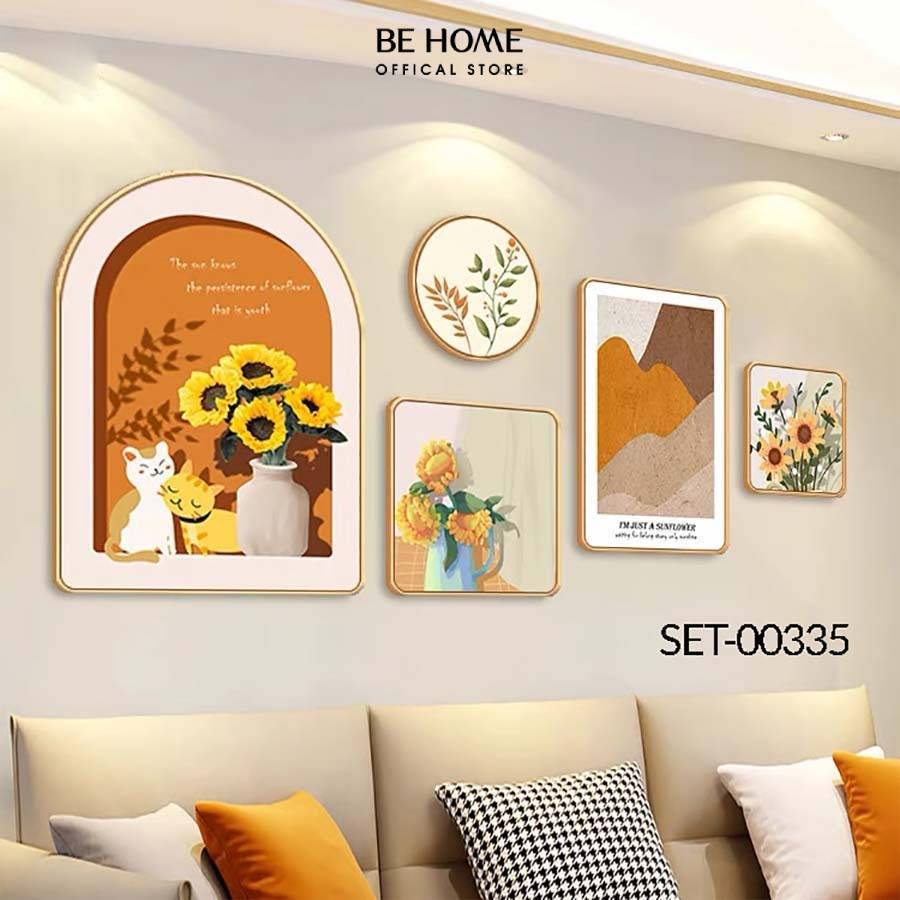 Set 5 Tranh Tráng Gương Hiện Đại, Mèo Con, Hoa, Viền Composite,Trang Trí Phòng Khách, Phòng Ngủ, Hom