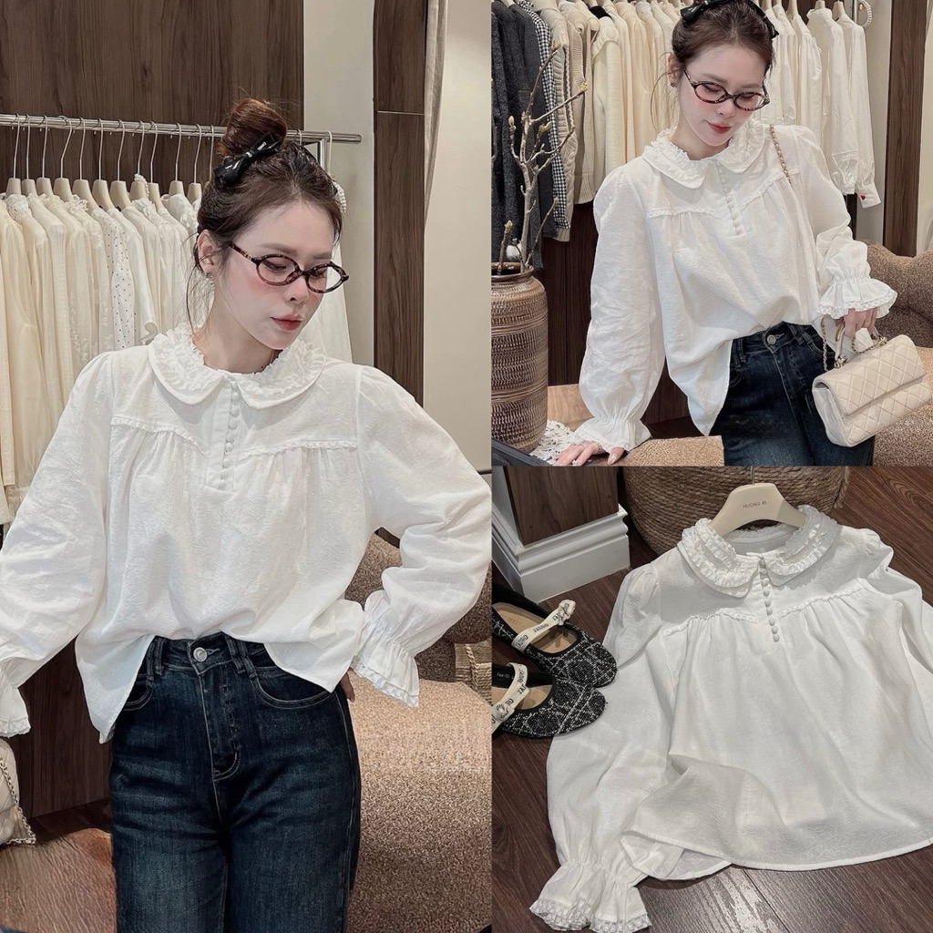 (Hàng QC) Áo sơ mi trắng cổ sen cúc bọc phối ren bèo tầng tay bồng tiểu thư ulzzang Hàn Quốc A2902