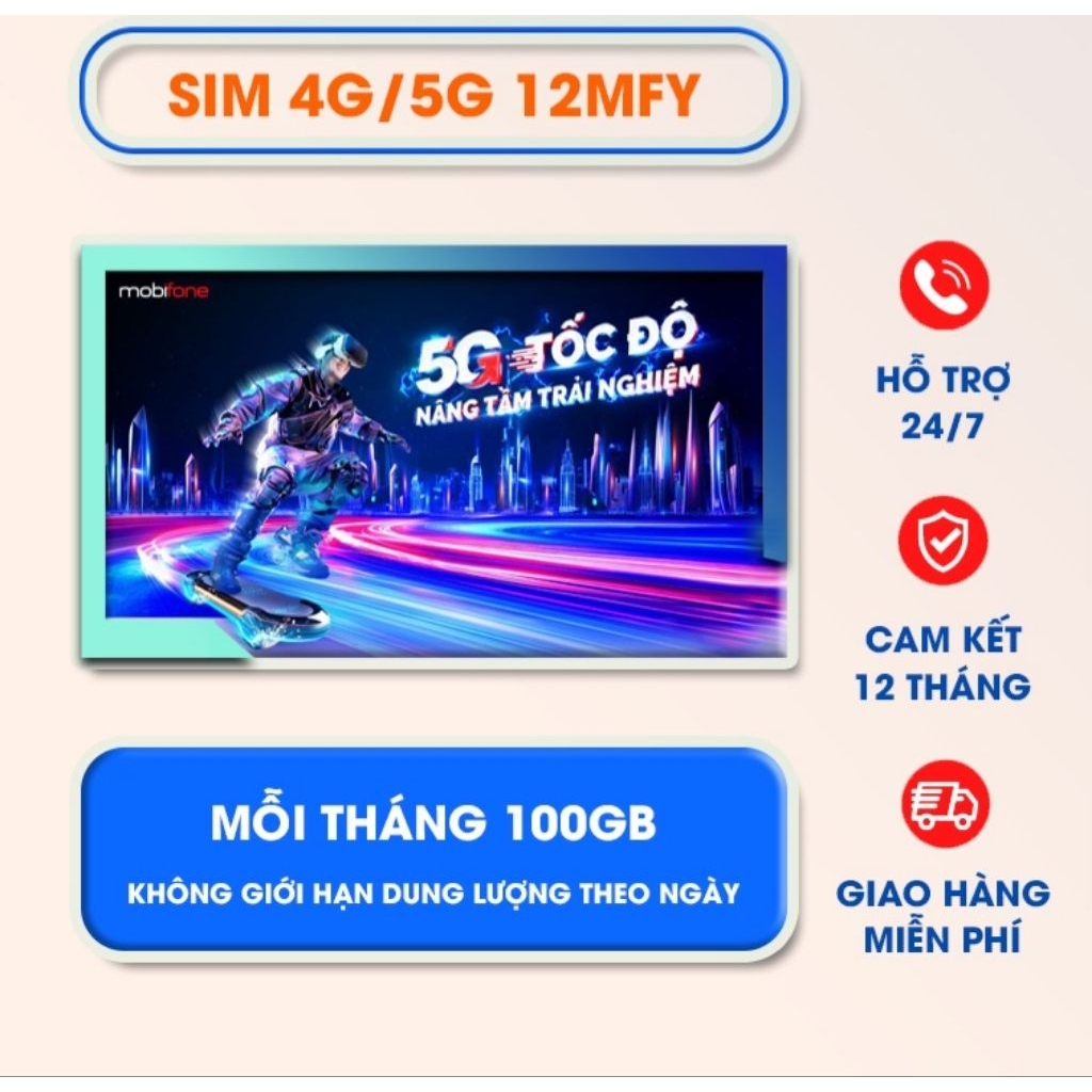 Sim 4G/5G Mobifone 1Gb/Ngày Youtube không tính data Trọn gói 1 năm