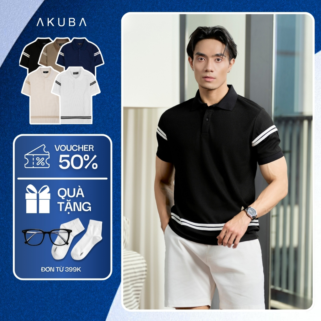Áo Polo Nam AKUBA Tay Ngắn Thoáng Mát Form Chuẩn - Kẻ Tay & Lai Áo | 01HE1314
