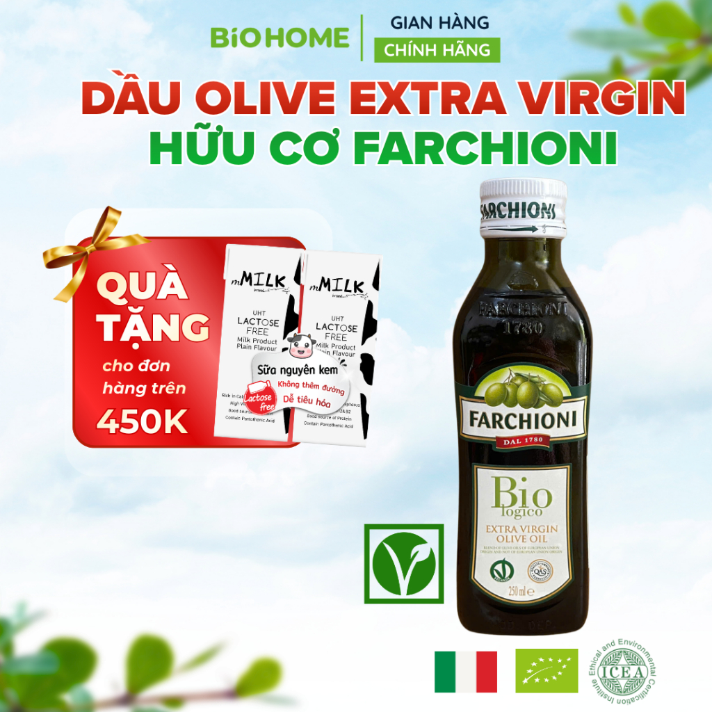 ( Hot Trend ) Dầu Oliu ép lạnh Hữu Cơ Farchioni 250ml từ Ý- Olive Extra Virgin Organic - thuần chay, không biến đổi gen