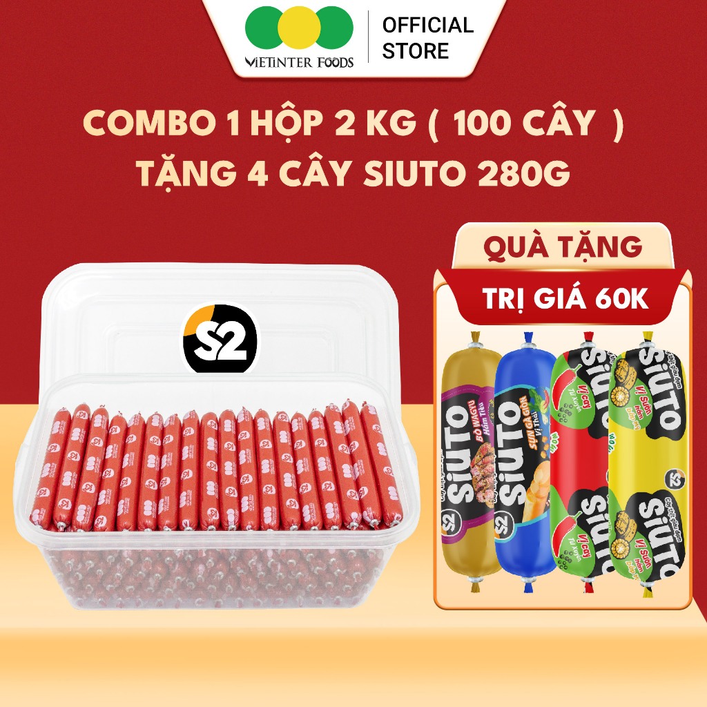 [ TẶNG 4 SIUTO ] Hộp 100 Cây Xúc Xích Ăn Liền Vị Heo Ngon Dinh Dưỡng Tiệt Trùng S2 Vietinter Foods