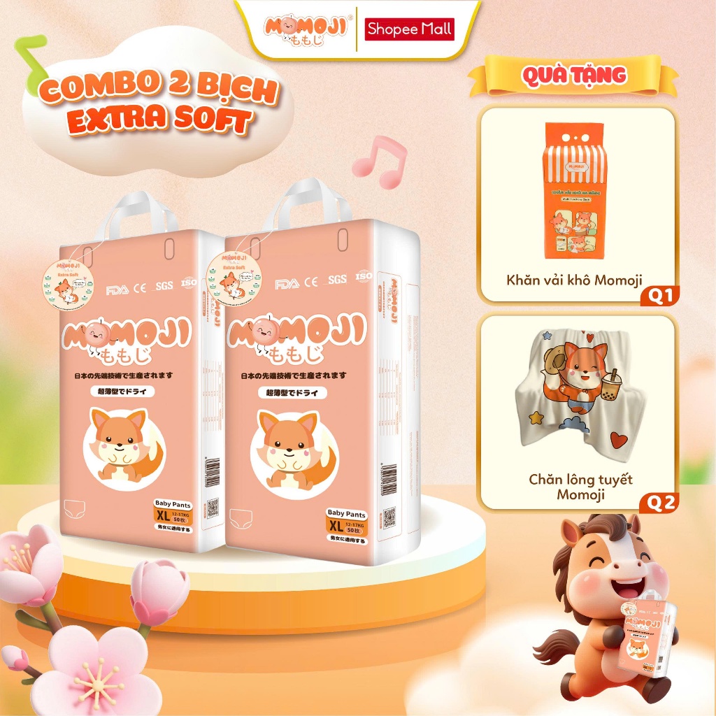 [Quà tặng hấp dẫn] Combo 2 Bịch Bỉm Momoji Siêu Thấm Hút NB64/S60/M56/L54/XL50/XXL48