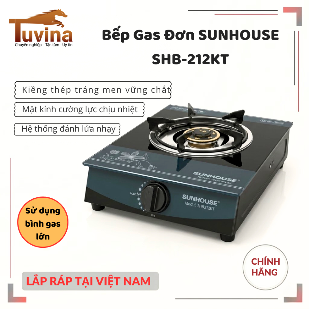 Bếp gas đơn SUNHOUSE SHB212KT Kính chịu lực – Đánh lửa Magneto – Pép đồng tiết kiệm ga – BH 12 tháng