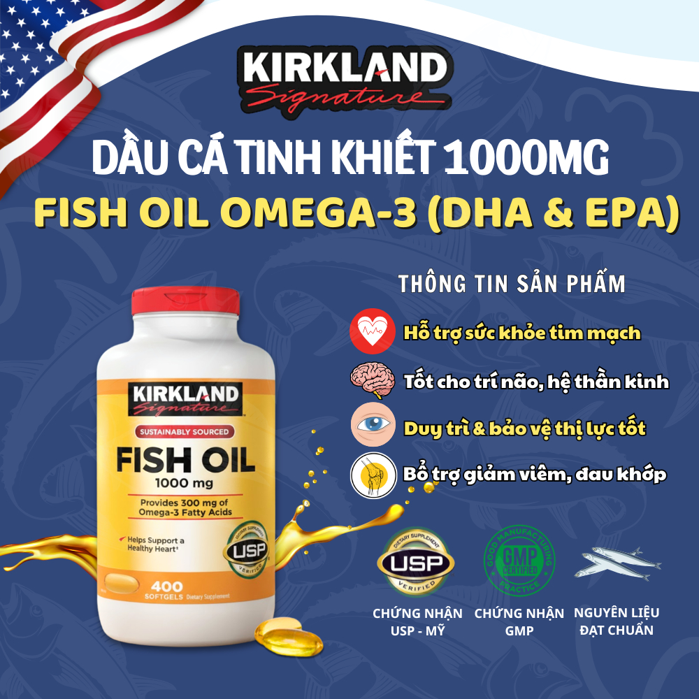 Dầu cá tinh khiết Kirkland Signature 1000mg Fish Oil Tốt cho Tim, Trí não & Thị lực - Hộp 400 viên
