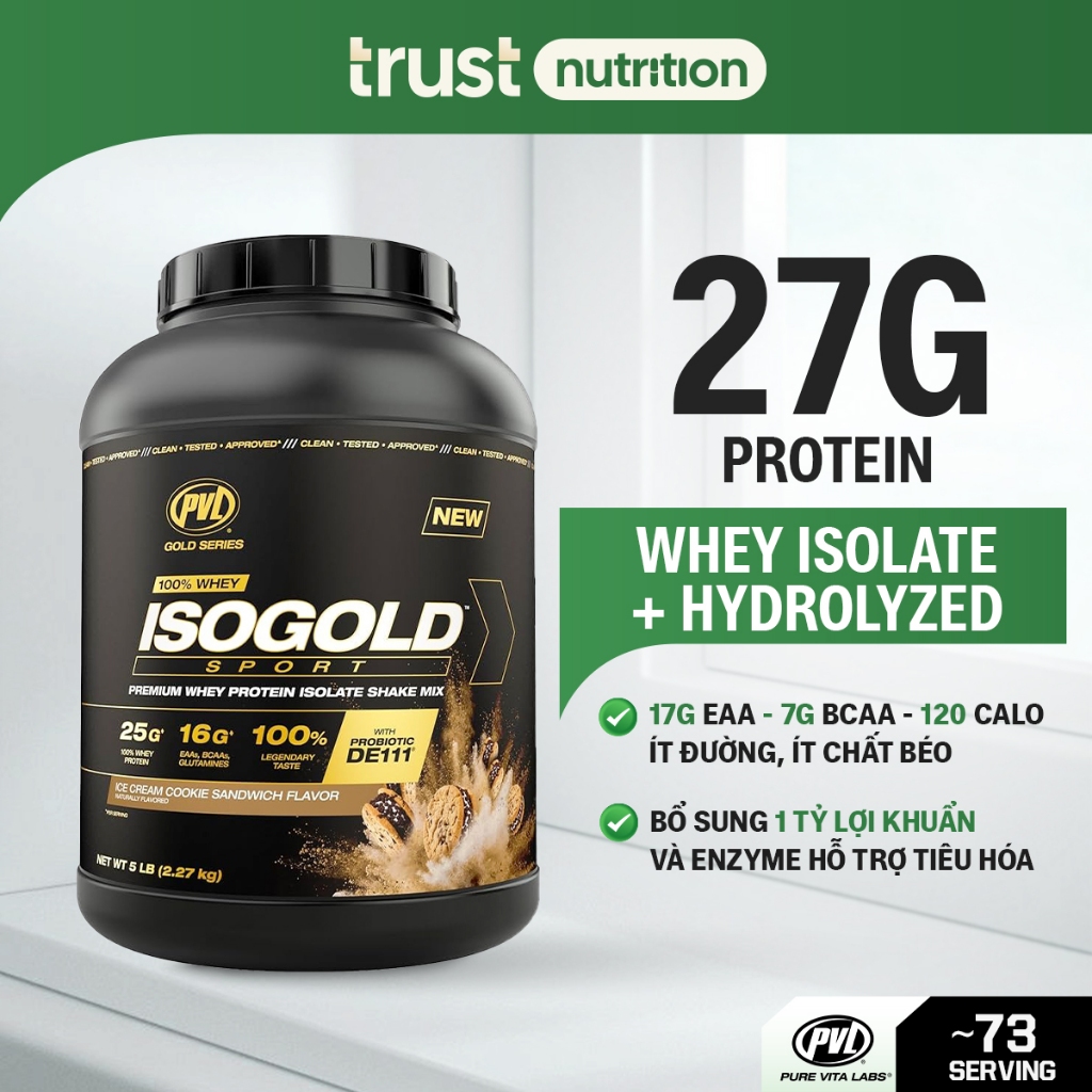 Sữa tăng cơ PVL ISO GOLD Premium Whey Protein Isolate, phù hợp với người không dung nạp Lactose