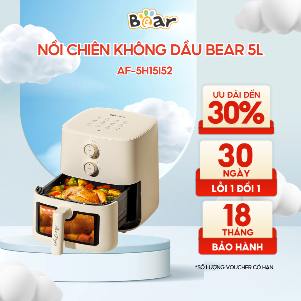 Nồi Chiên Không Dầu Bear 5L Đa Năng Nướng Bánh Giảm Dầu Mỡ Tiện Lợi Healthy Bảo Hành 18 Tháng AF-5H1