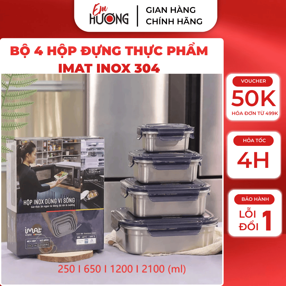 [Chính hãng iMat] Bộ 4 hộp đựng thực phẩm iMat inox 304, dùng được vi sóng, lò nướng,tủ lạnh, máy rử