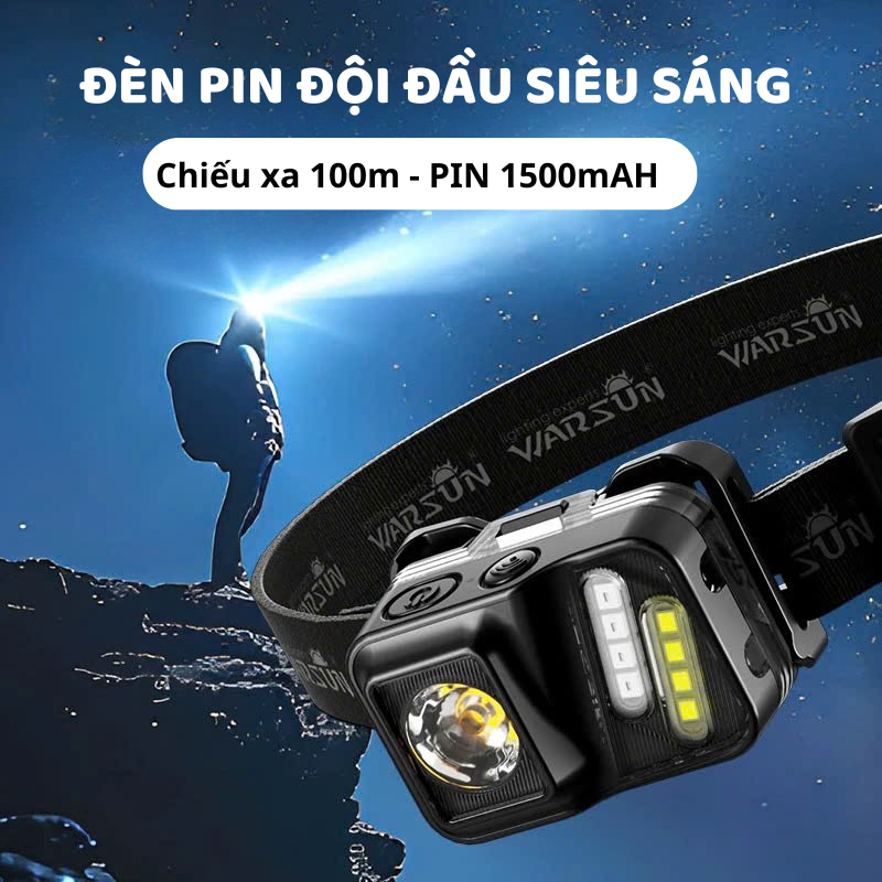 Đèn pin đội đầu Warsun USB có thể sạc lại Đèn pha LED siêu sáng chống nước IPX6