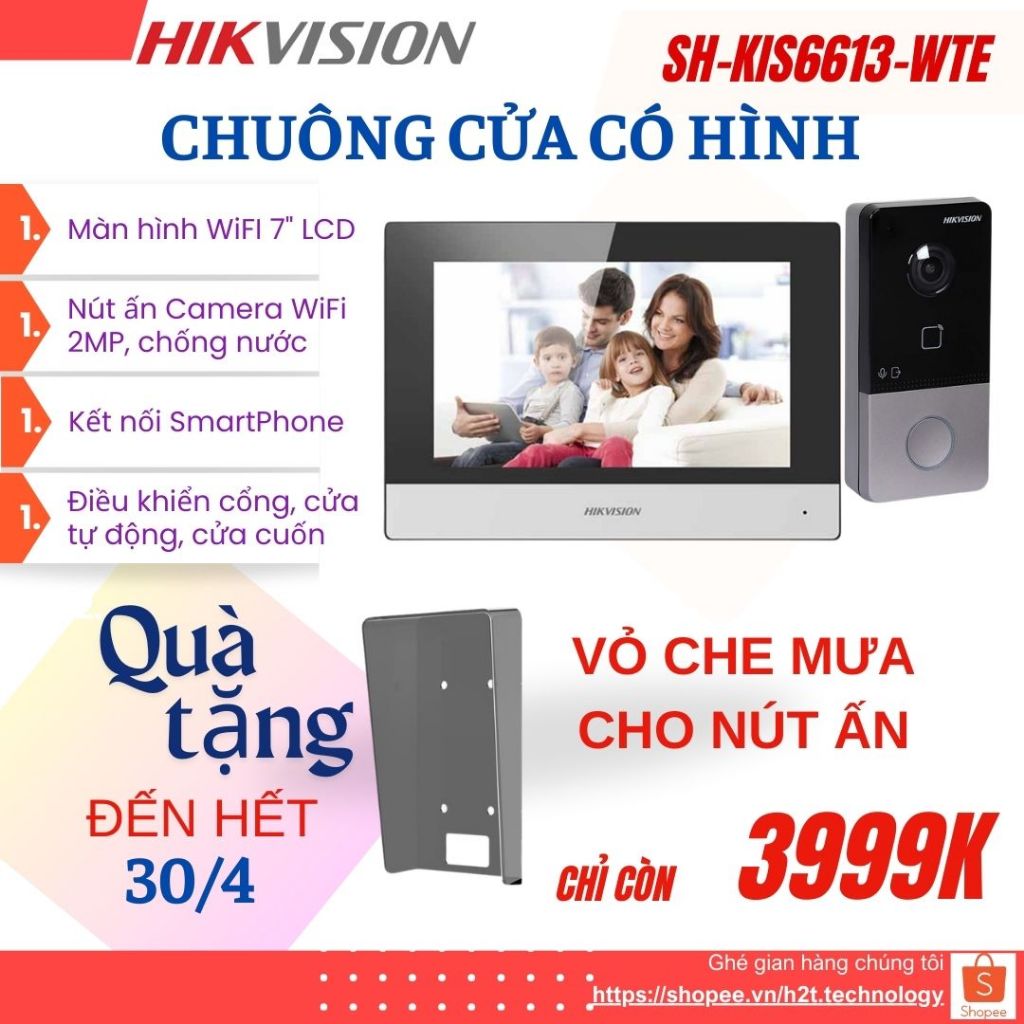 Chuông cửa có hình Hikvision SH-KIS6613-WTE, Màn hình Wifi 7",Camera wifi 2MP, xem qua Smartphone