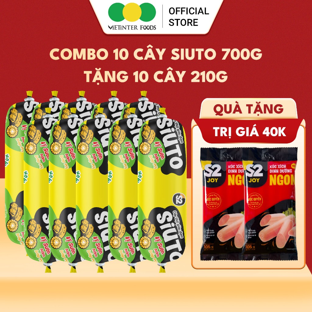 [ TẶNG 2 GÓI XÚC XÍCH 105G ] COMBO 10 Cây Xúc Xích Siuto Ăn Liền Thơm Ngon S2 Vietinter Foods