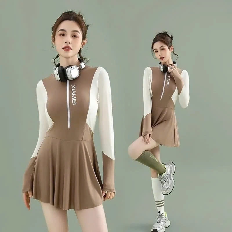 Đồ bơi 1 mảnh cho nữ dài tay kín đáo  học sinh nữ sinh đi biển bikini jumsuit dáng váy có mút kèm qu