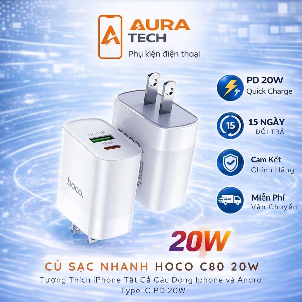 Củ Sạc Nhanh HOCO C80 20W - Tương Thích iPhone 13 Pro Max, 12 Mini, Type-C PD 20W