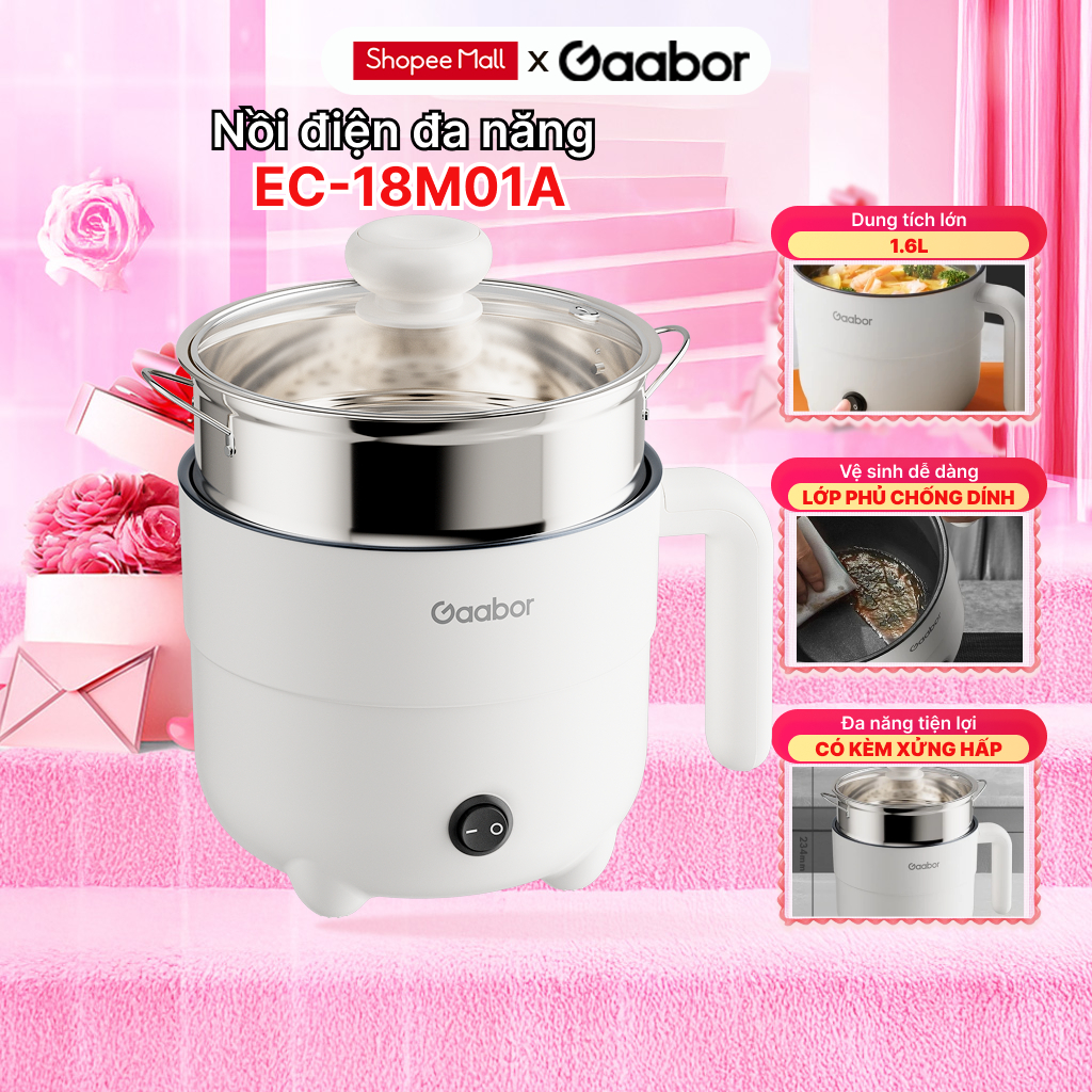 Nồi lẩu điện đa năng Gaabor EC-18M01A 1.6L chống dính 600W nấu mì, nấu lẩu, hấp inox