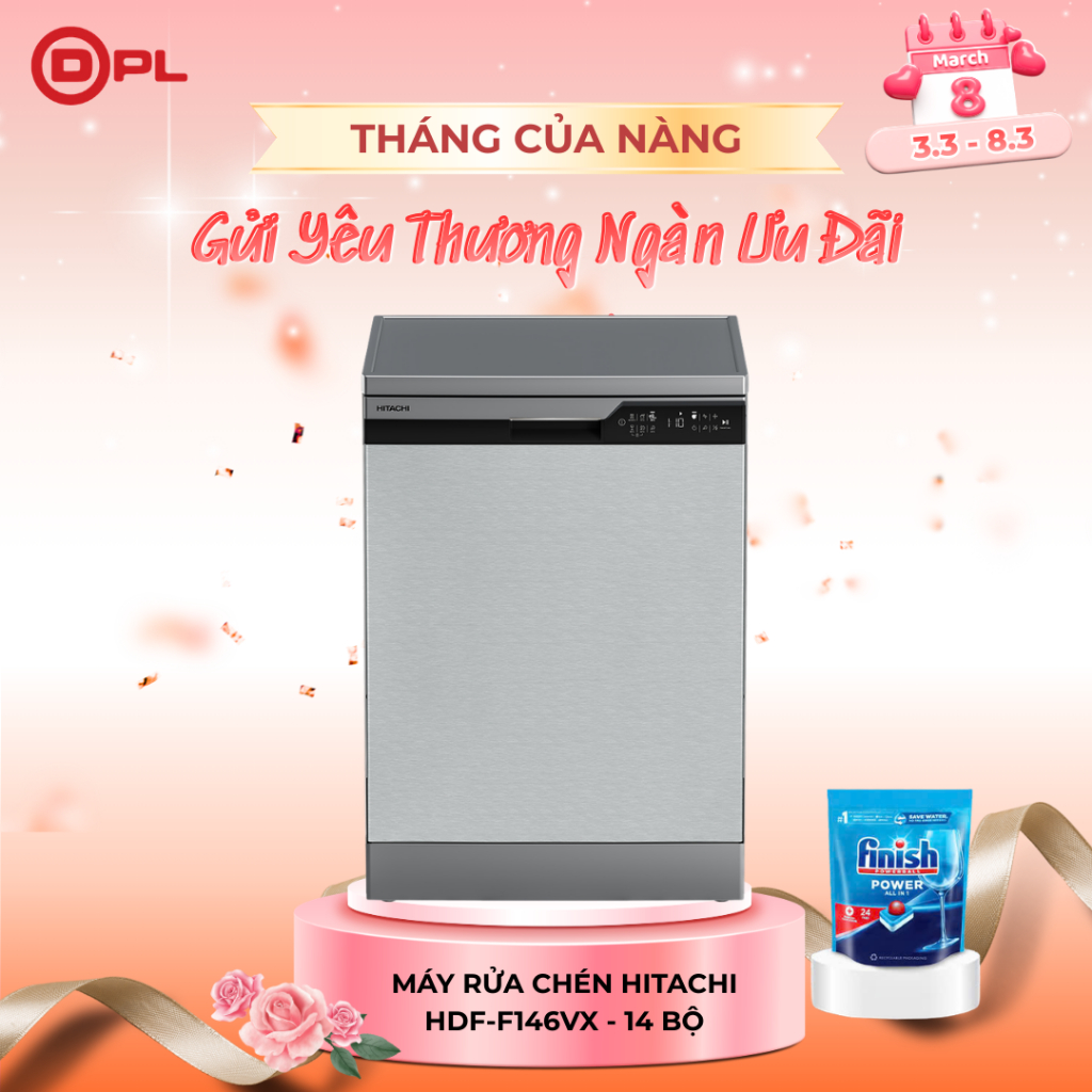 Máy rửa chén độc lập 14 bộ Hitachi HDF-F146VX - Màu thép không gỉ, Tiết kiệm nước & điện