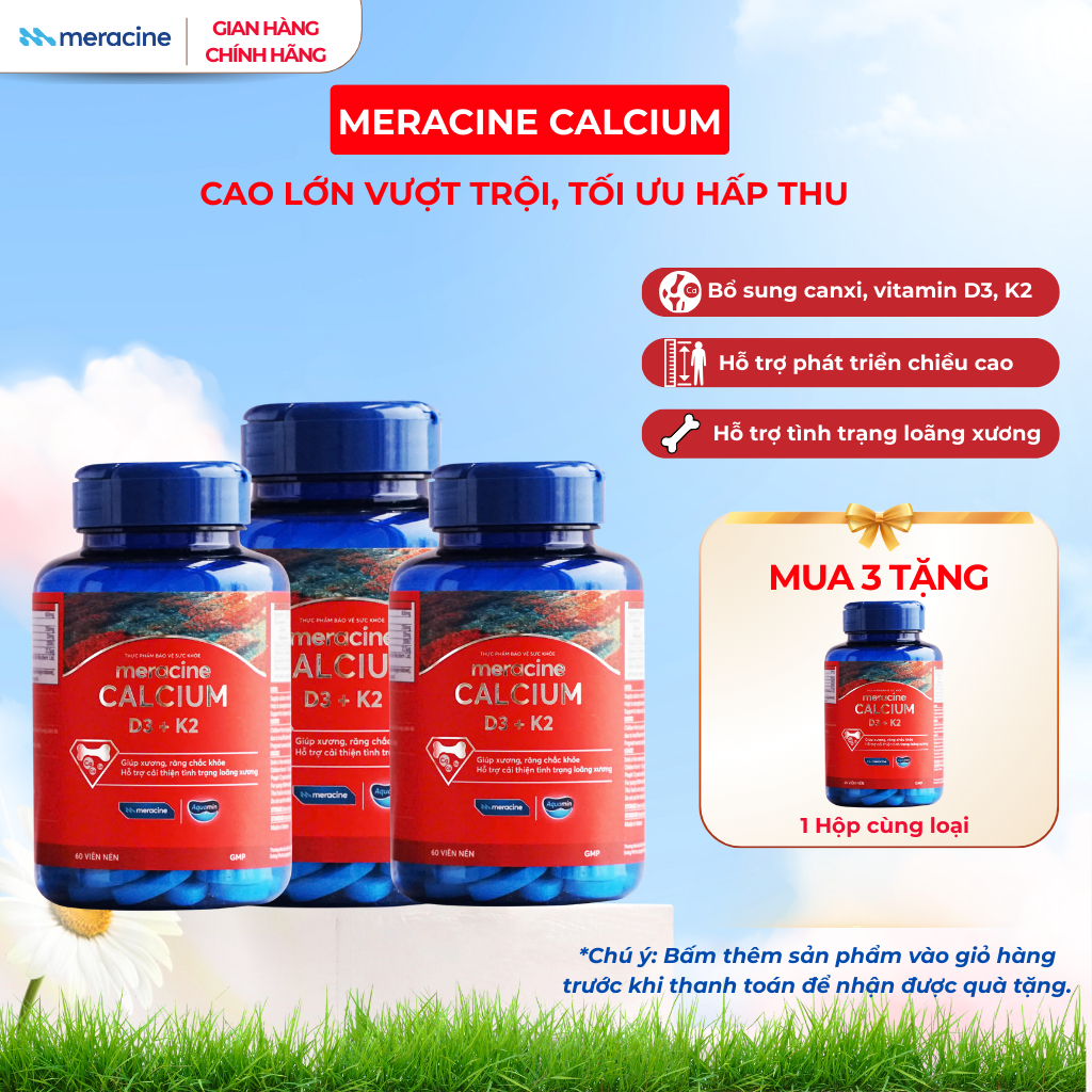 COMBO 3H Canxi hữu cơ tảo biển Meracine Calcium D3K2 giúp xương chắc khỏe, hỗ trợ phát triền chiều c