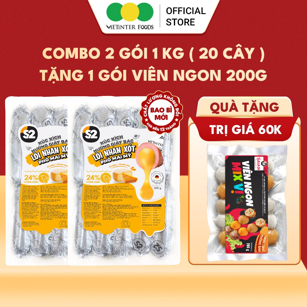 [MUA 2 TẶNG 1] Combo 2 Gói Xúc Xích Nướng Giấy Bạc S2 Lõi Nhân Xốt Phô Mai Mỹ Vietinter Foods