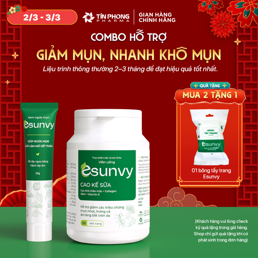 TPBVSK Esunvy Hỗ Trợ Giảm Bã Nhờn, Hỗ Trợ Giảm Mụn Hộp 30 Viên