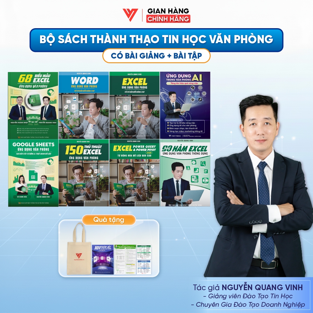 Combo 8 sách Excel - Word - AI - Google Sheets - 150 Thủ Thuật - Power Query - 90 Hàm Excel - 68 Biể