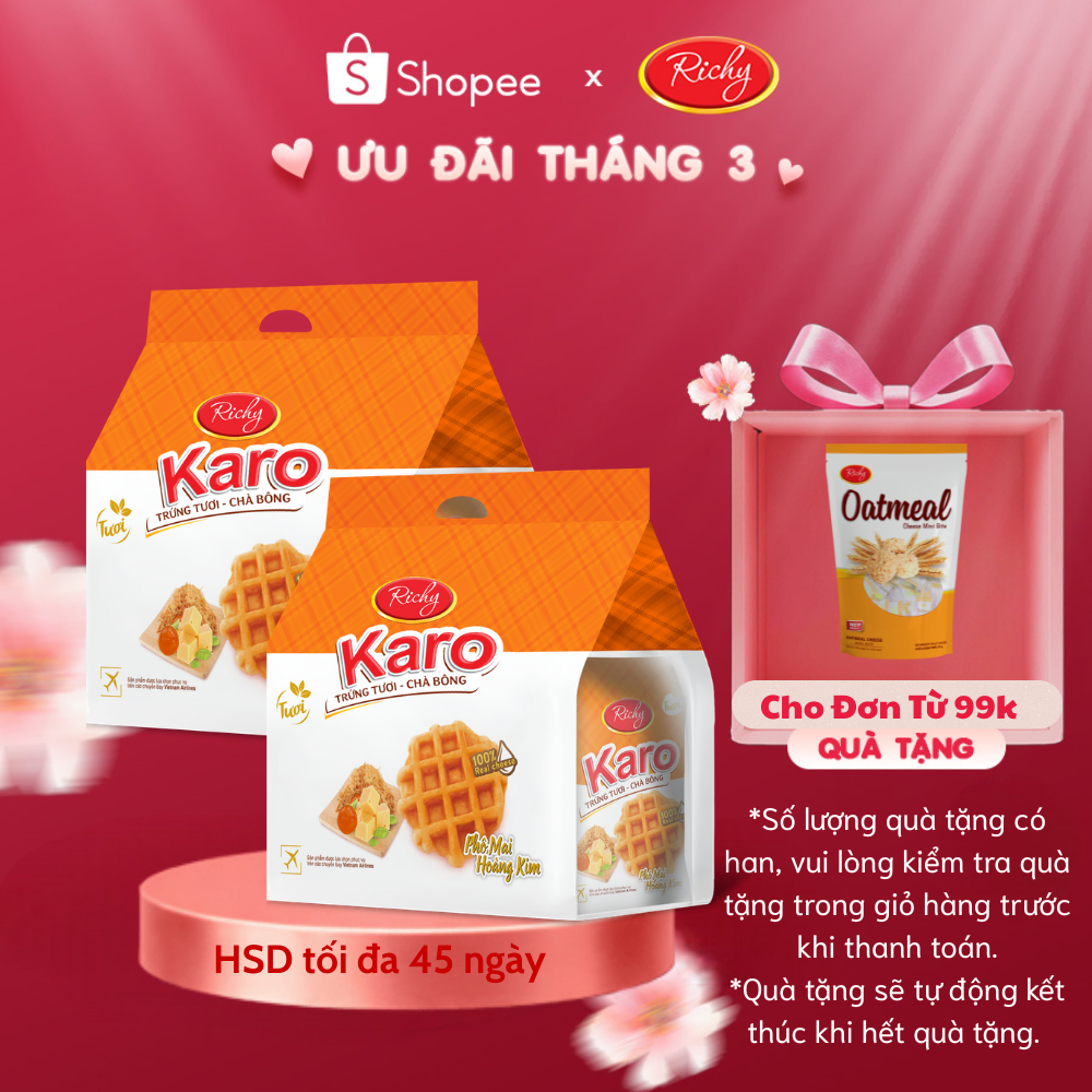 [Quà Tặng Đơn 99k] Combo 2 Bịch Bánh Richy Karo Hoàng Kim Phô Mai, Sợi Gà Truyền Thống & Trứng Sữa Nguyên Vị