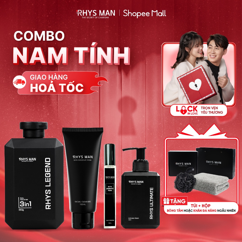 Combo Sữa tắm gội nam 3in1 350ml & Sữa rửa mặt nam 100ml & Dung dịch vệ sinh 120ml & Nước hoa nam 10ml RHYS MAN