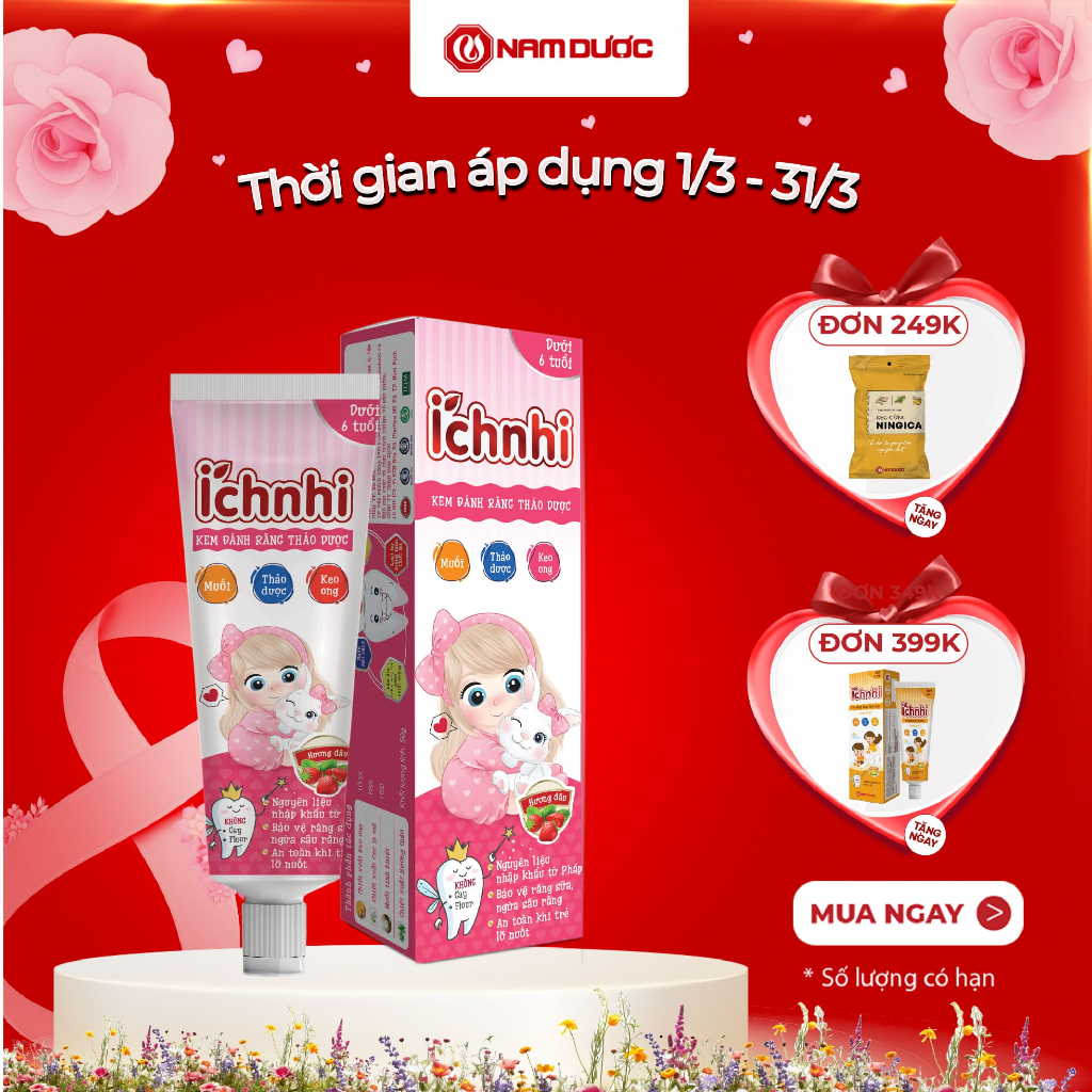 Kem đánh răng thảo dược Ích Nhi hương dâu dưới 6 tuổi, Tuýp 50g, làm sạch răng miệng ở trẻ em.