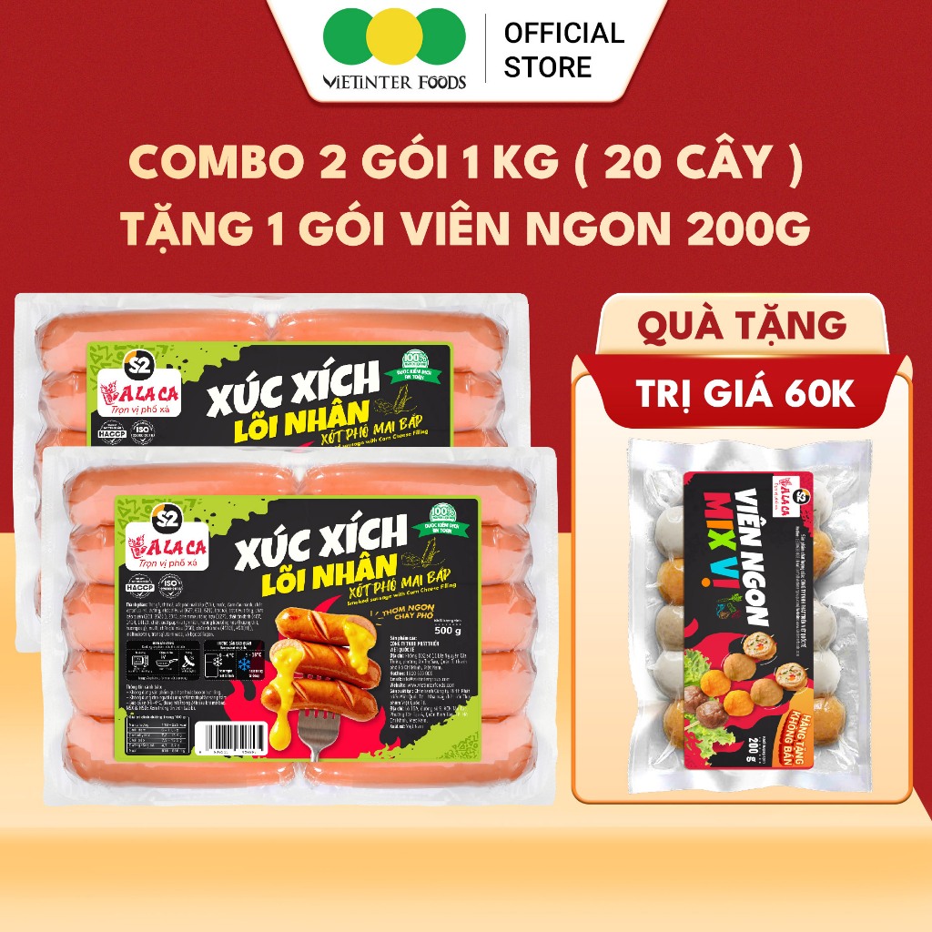 [MUA 2 TẶNG 1] Combo 2 Gói Xúc Xích Phô Mai Bắp Alaca Vietinter Foods 1KG (Gói 500g)