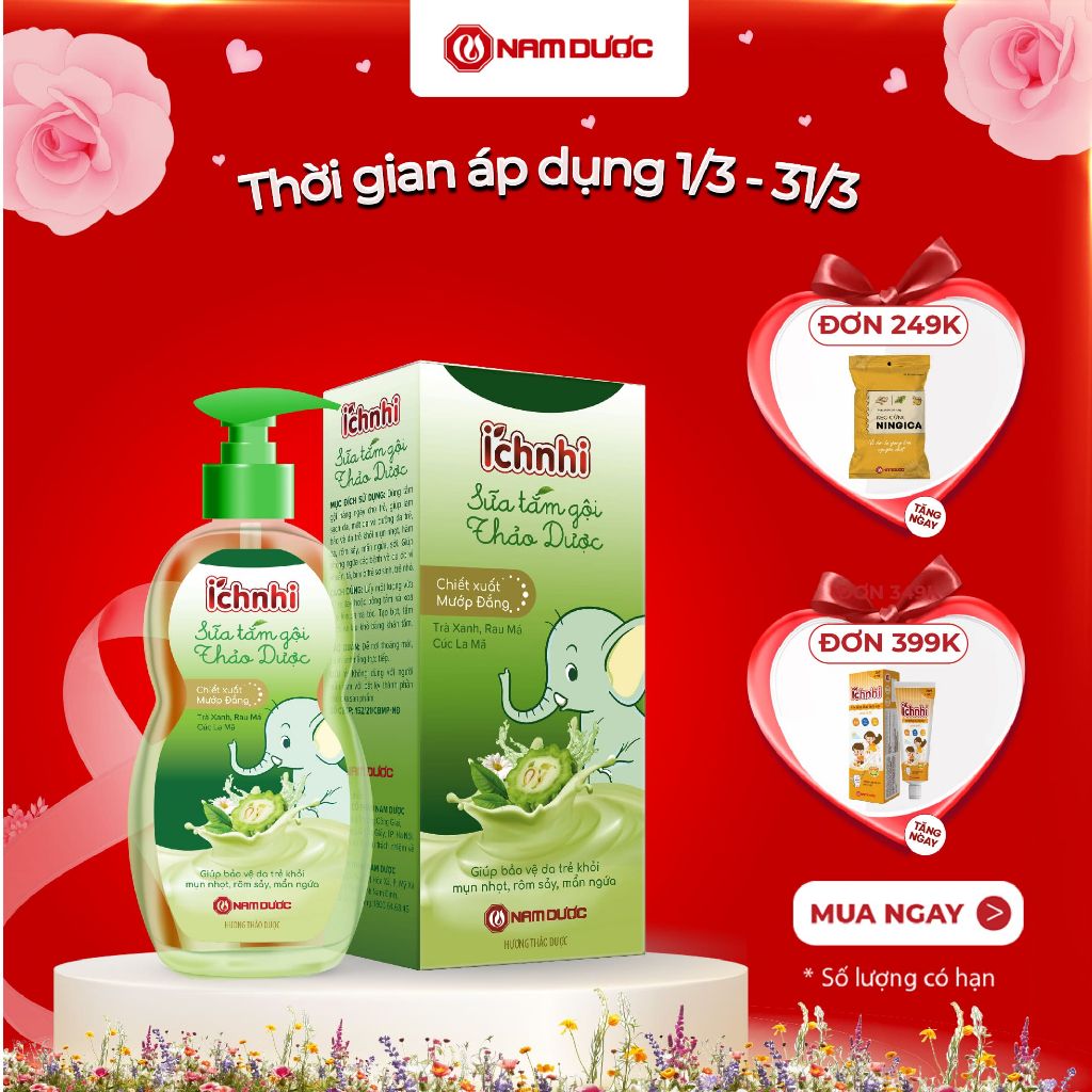 Sữa tắm gội thảo dược Ích Nhi, chai 200ml, sữa tắm cho bé giúp giảm mụn nhọt,hăm da,rôm sảy,ngứa, dưỡng da