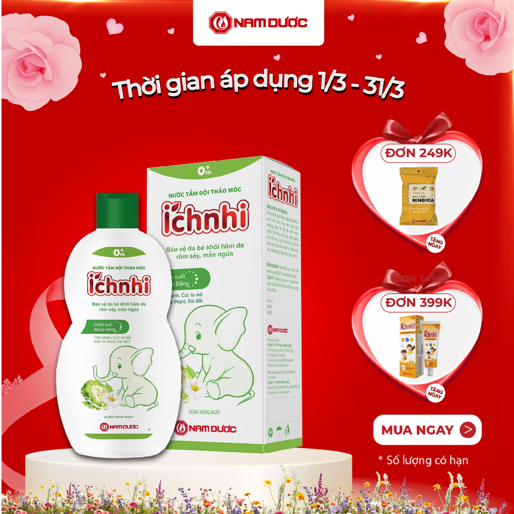 Nước tắm gội thảo mộc Ích Nhi chai 230ml giúp làm sạch da, bảo vệ da trẻ khỏi mụn nhọt, hăm da, nước tắm gội cho bé