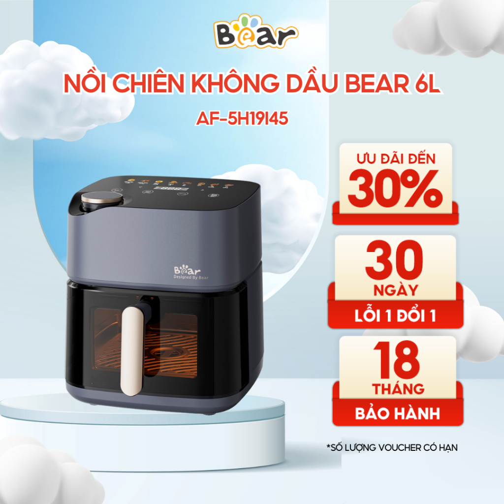 Nồi chiên không dầu BEAR 6L AF-5H19I45 Tiếng Việt Lò Nướng Nồi Chiên Hơi Nước Hấp Nướng Bánh