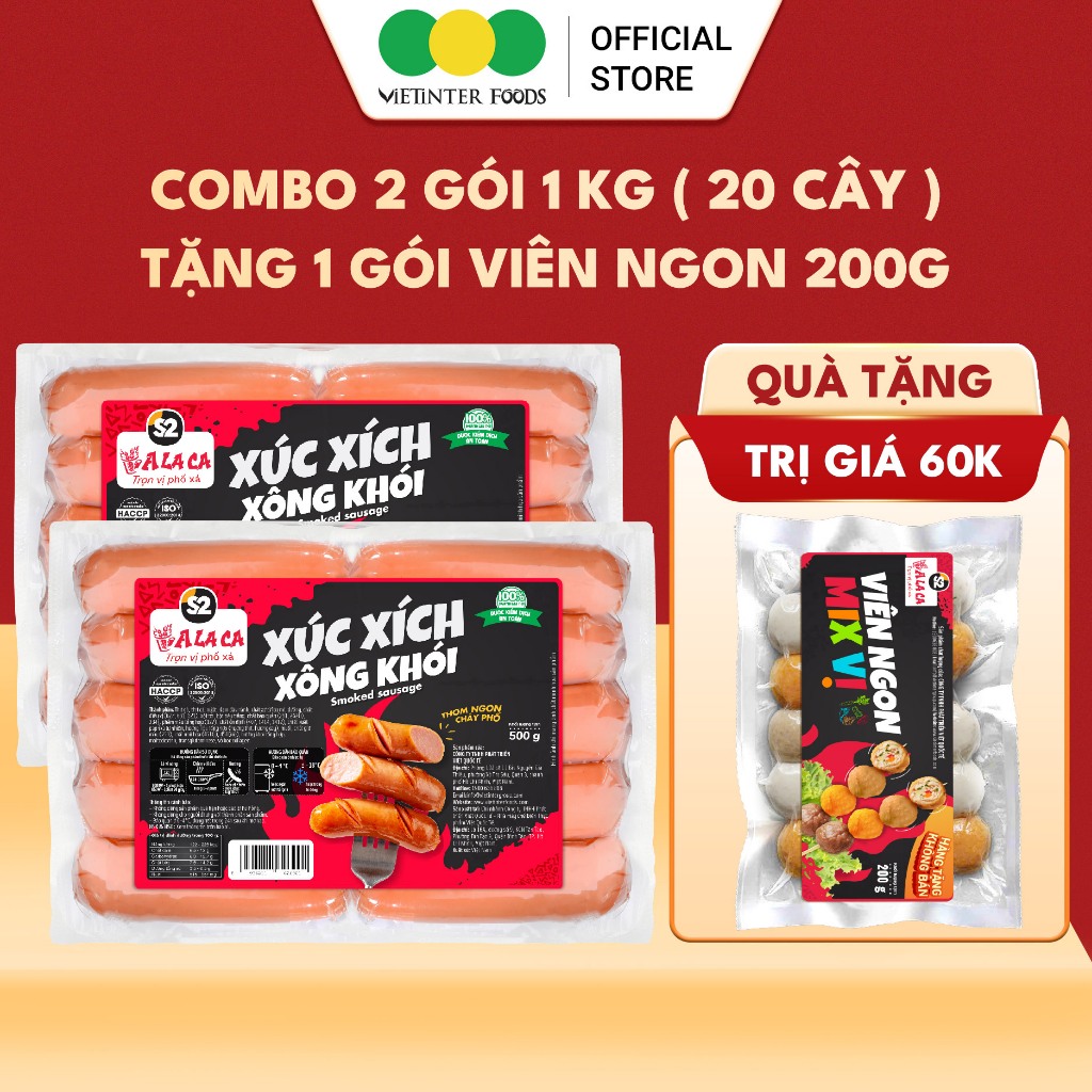 [MUA 2 TẶNG 1] Combo 2 Gói - 1KG Xúc Xích Xông Khói Alaca Kèm Quà Tặng Vietinter Foods