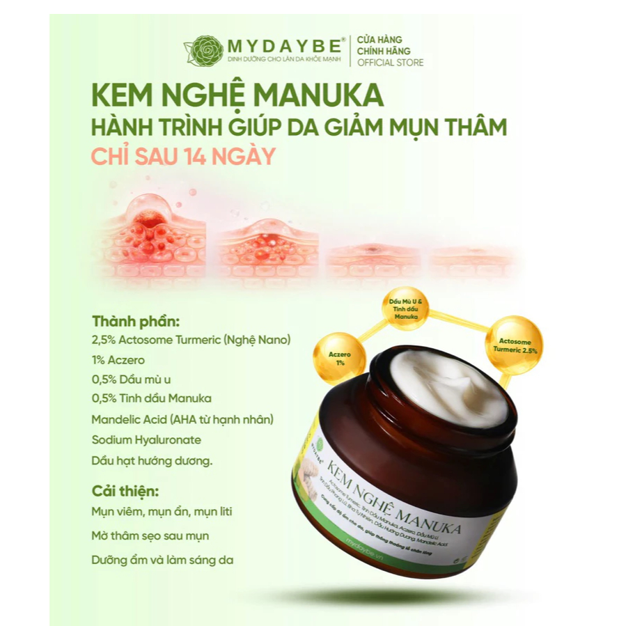 Kem Nghệ Manuka Mydaybe - Nghệ Nano và Tinh dầu Manuka dành cho da mụn thâm, lão hoá.Kem Nghệ Manuka