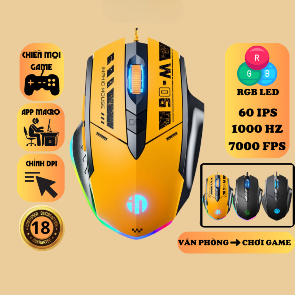 Chuột máy tính gaming chơi game Maxcotech Inphic W6 bản có dây 12800 DPI Led RGB Có App Macro