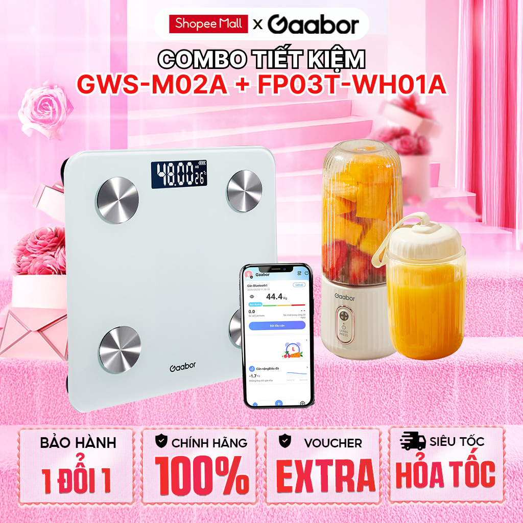 Combo Gaabor 279 Cân sức khỏe điện tử thông minh GWS-M02A và máy xay sinh tố cầm tay FP03T-WH01A