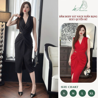 Đầm Body Sát Nách Cổ V Thiết Kế Xoắn Bụng Xẻ Tà Khuy Eo Sang Chảnh Chất Liệu Umi Hàn Size 40-65Kg