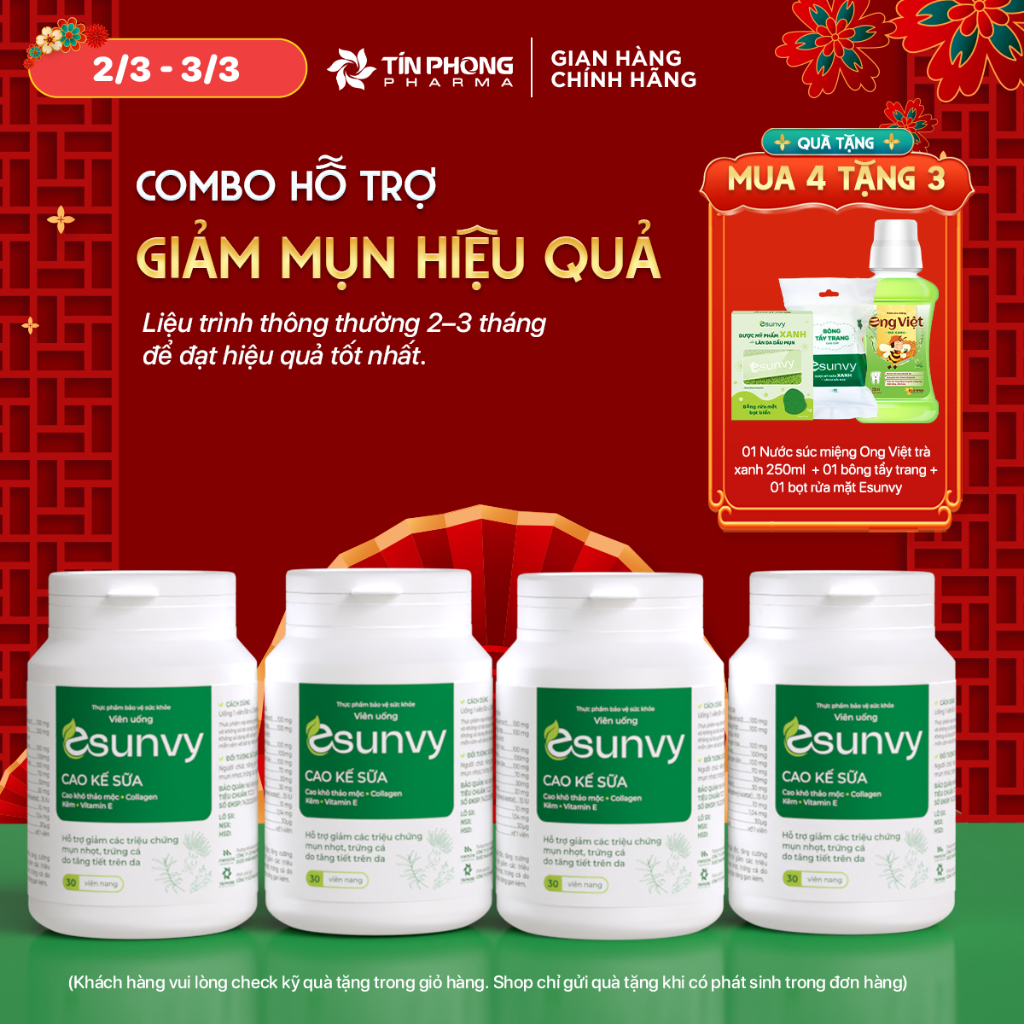 TPBVSK Esunvy Hỗ Trợ Giảm Bã Nhờn, Hỗ Trợ Giảm Mụn Combo 4 Hộp 30 Viên