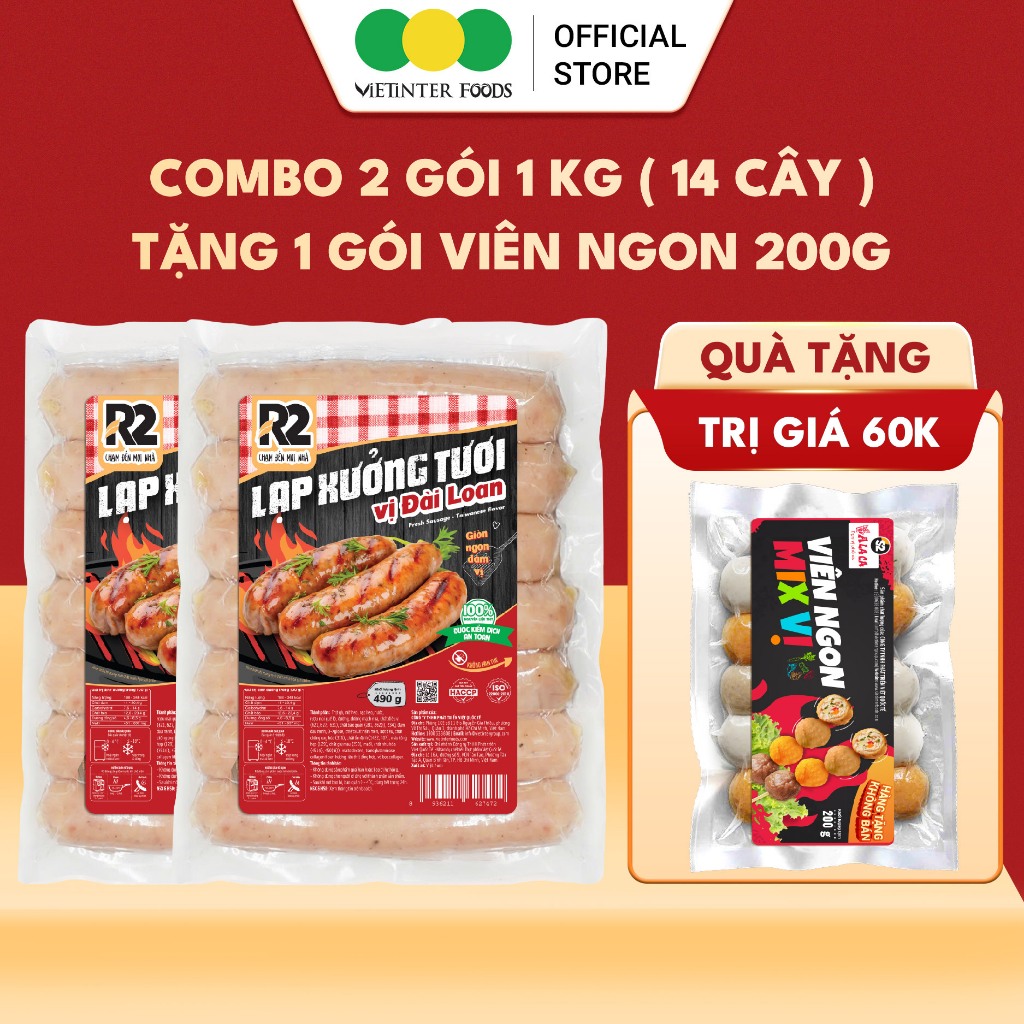 [MUA 2 TẶNG 1] Combo 2 Gói Lạp Xưởng Tươi Vị Đài Loan R2 1KG (Gói 490g)