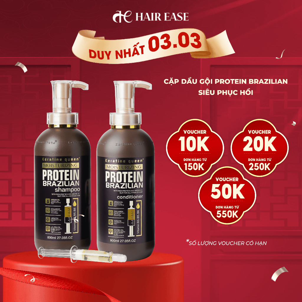 Cặp dầu gội xả Protein Brazilian siêu mềm mượt, dưỡng tóc bóng khỏe với vitamin B3,B5,B6,Argan Oil,C