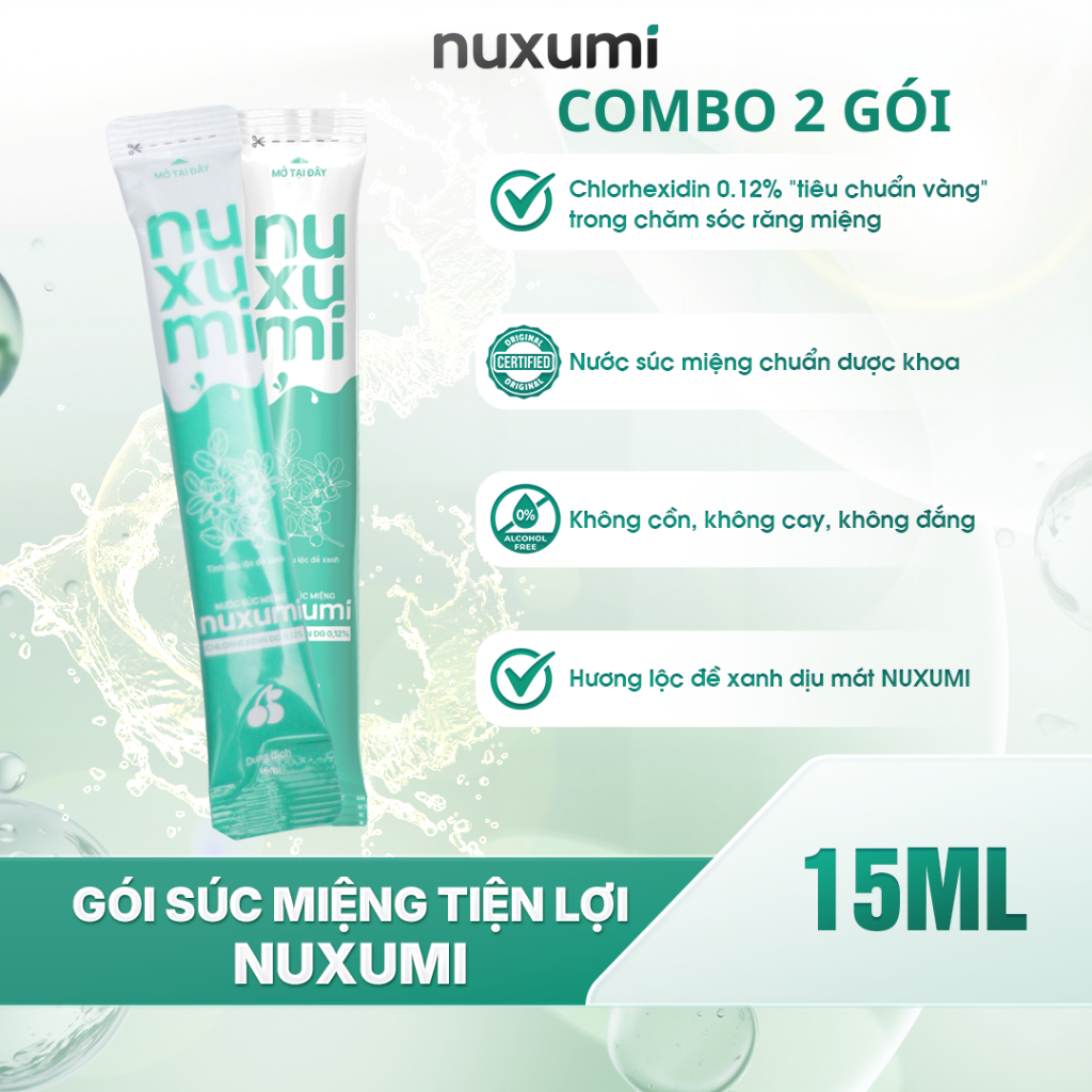 Combo 2 Gói Nước Súc Miệng (15ml) Chlorhexidin 0.12% NUXUMI | Không Cồn, Giảm Lây Cúm, Hôi Miệng