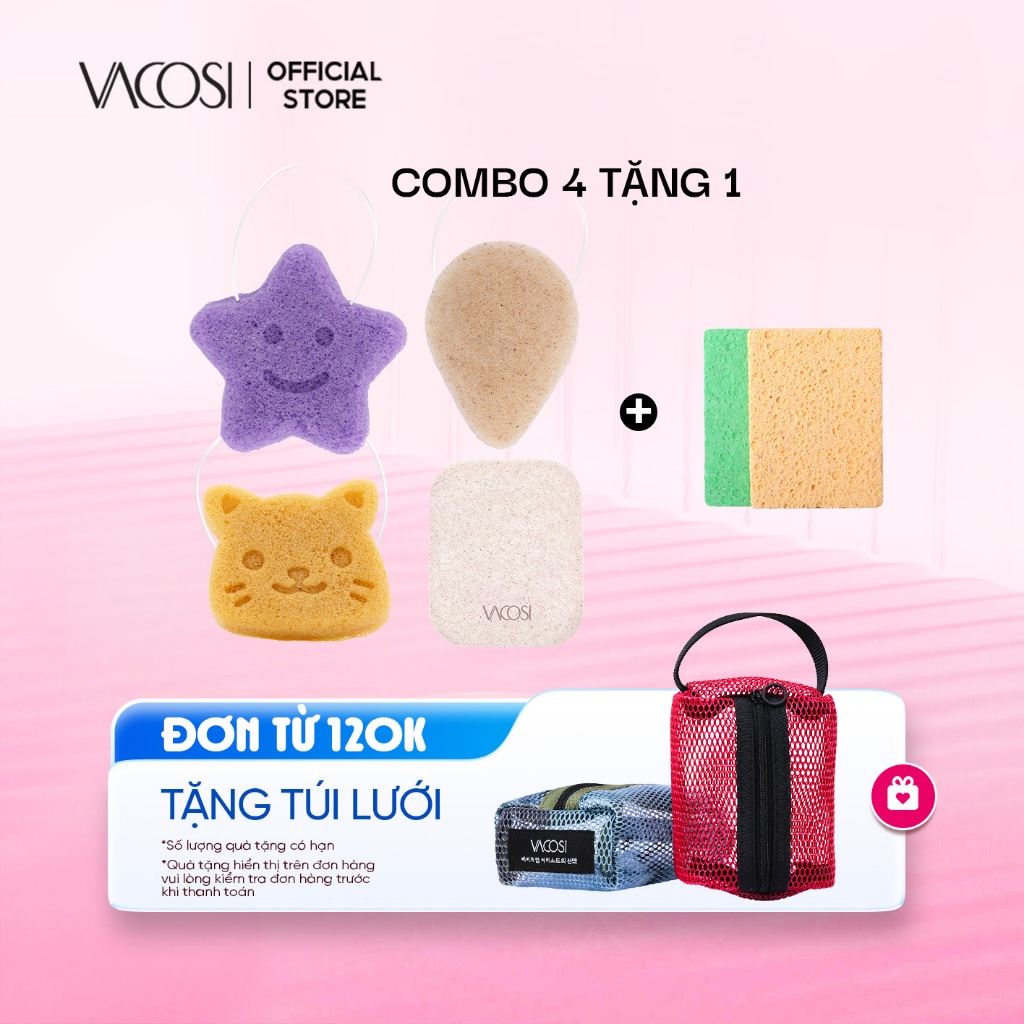Bông Rửa Mặt Sợi KonJac Lành Tính VACOSI BN02/03/04 Gồm 3 Hình Dáng - VACOSI Konjac Cleansing Sponge