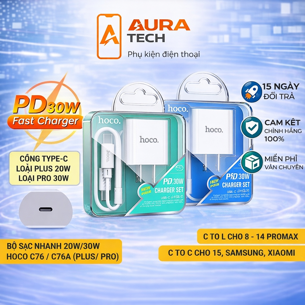 Bộ Sạc Nhanh PD 20W/ 30W Cho 8/8P X/Xs 11/12/ 13/14 Pro/ProMax Hoco C76/C76A Plus Chuẩn Type-C, Đầu 