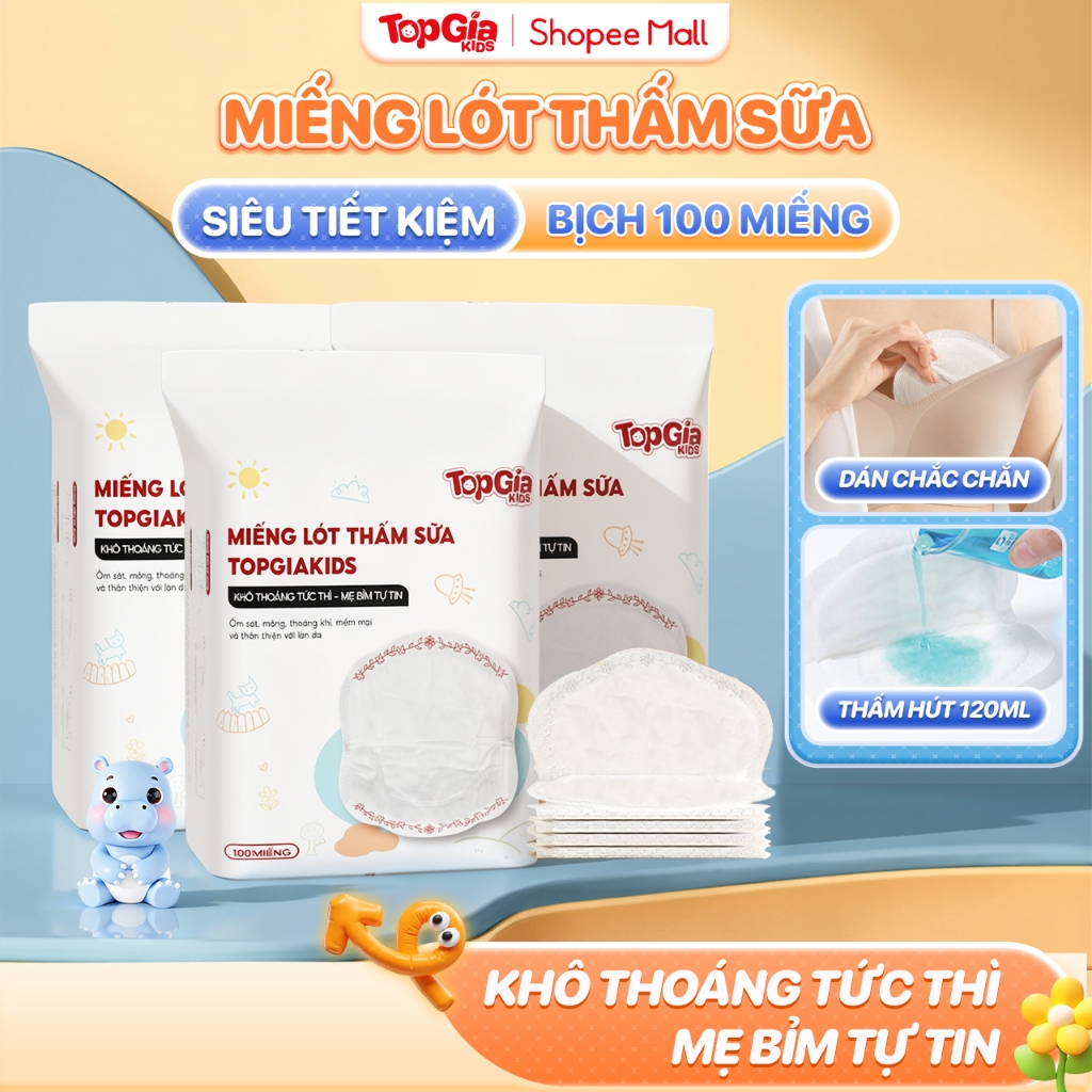 Bịch 100 miếng lót thấm hút sữa TopGiaKids chống tràn tối đa, từ sợi organic an toàn lành tính