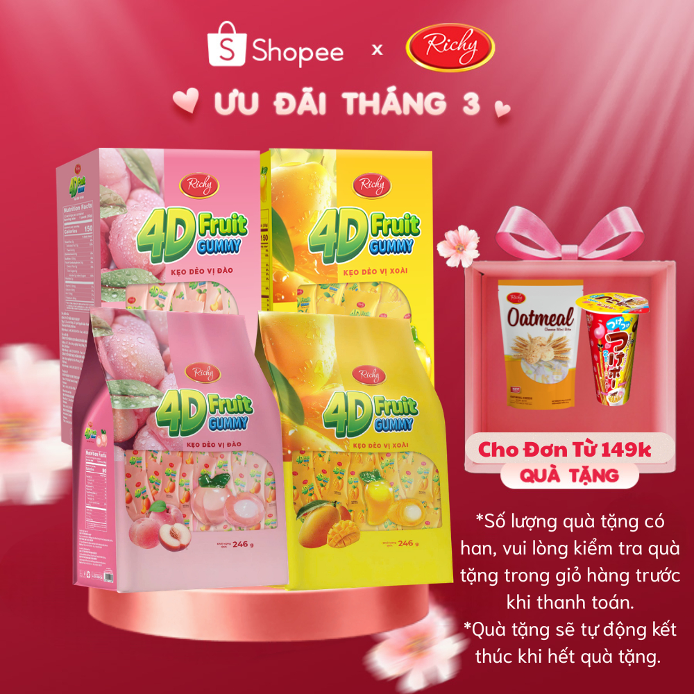 [Quà Tặng Đơn 149k] Combo 2 Hộp/Túi Kẹo Dẻo Vị Trái Cây Richy 4D Fruit Gummy 2 Vị Xoài & Đào