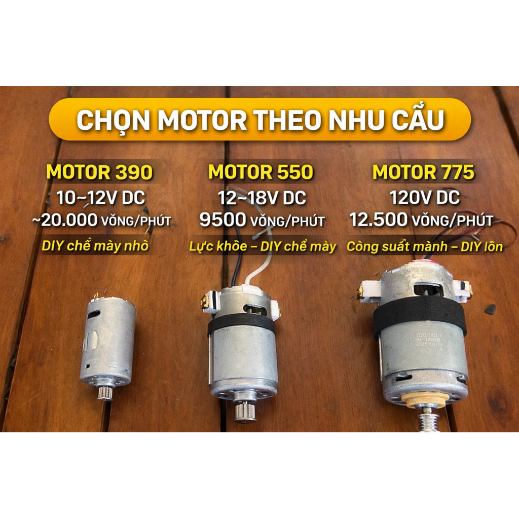 Motor DC 390, 550, 775 – 10-12V 12-18V - 120V – ( hàng chính hãng ) Motor chổi than lực khỏe DIY